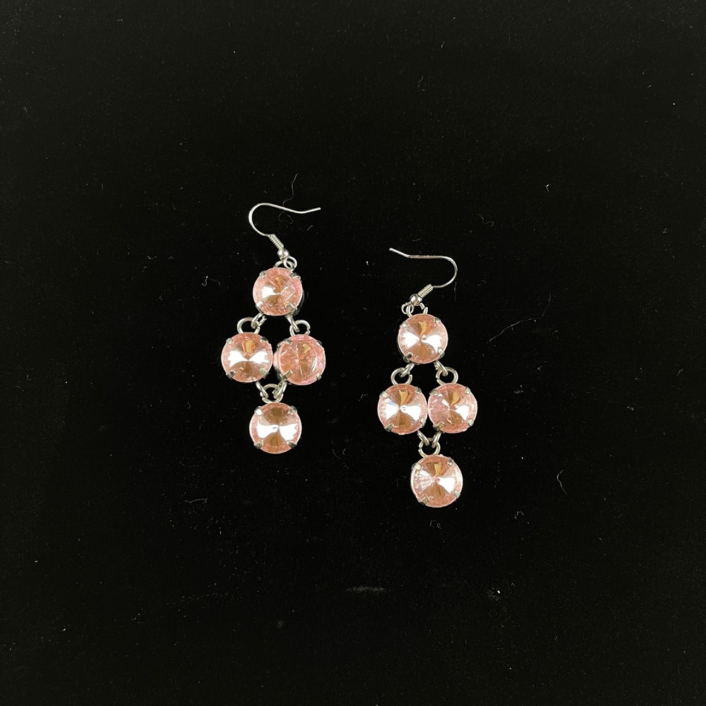 Pink Crystal Dangle Earrings Silver Tone Chandelier Drop Fishhook Women Jewelry